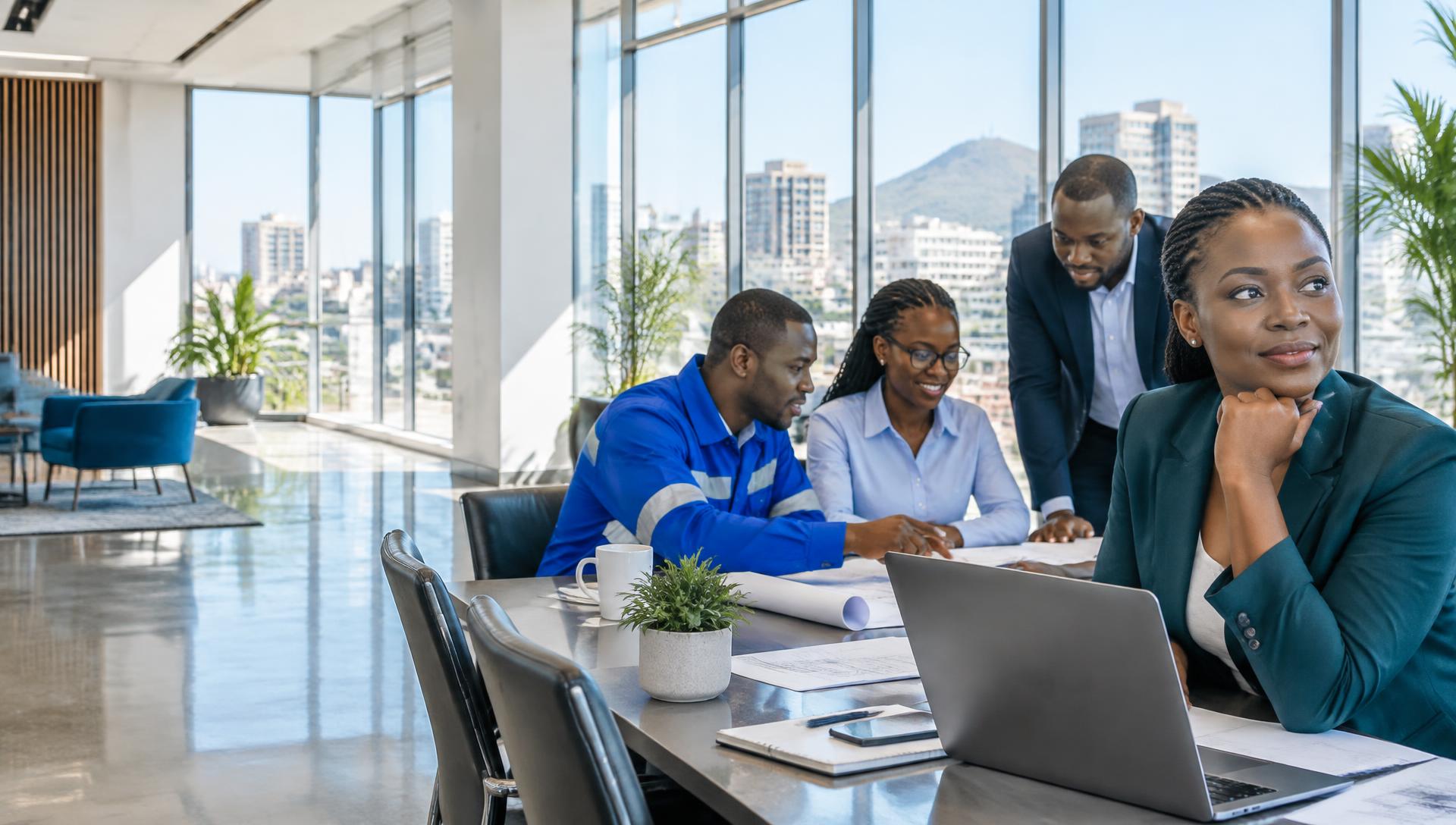 African professionals collaborating in a bright modern workplace